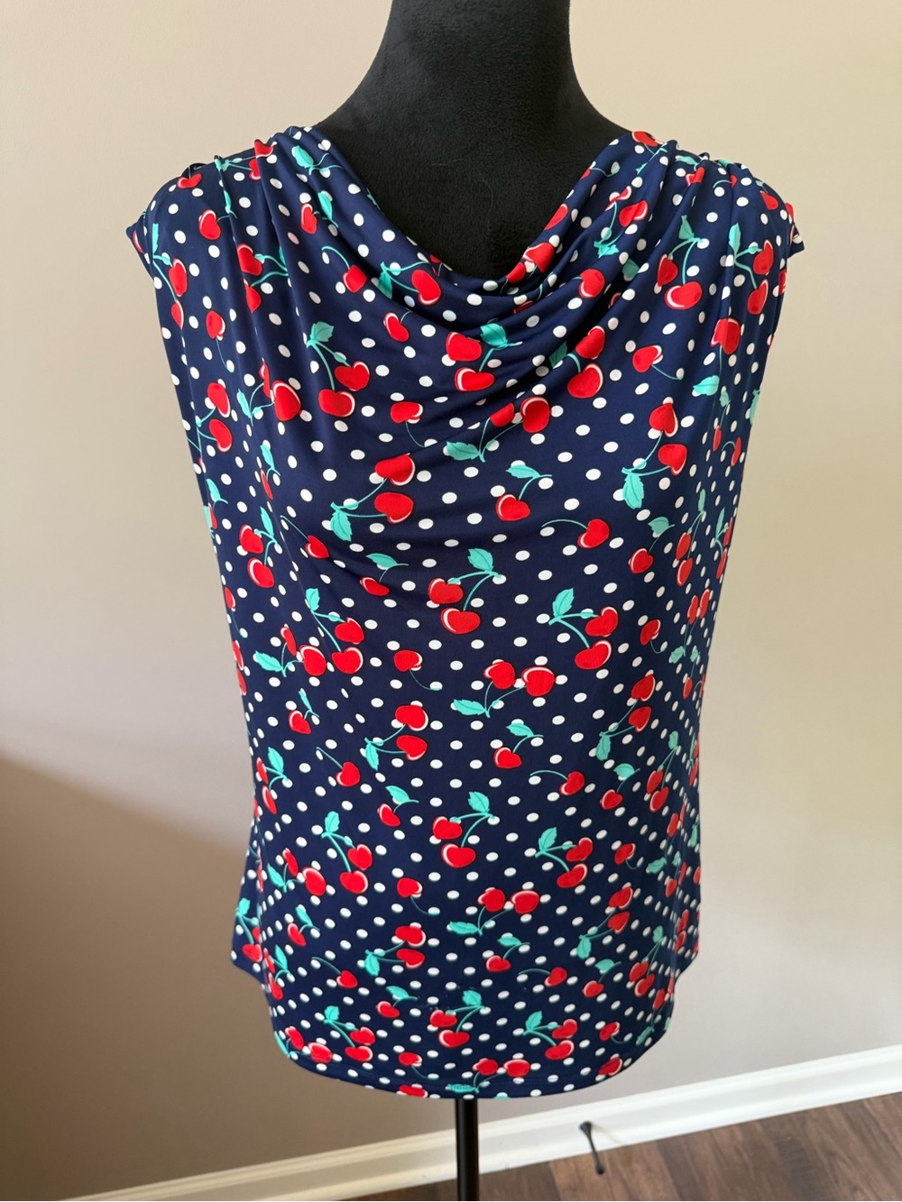 Navy Cherry-Print Cowl Neck Blouse